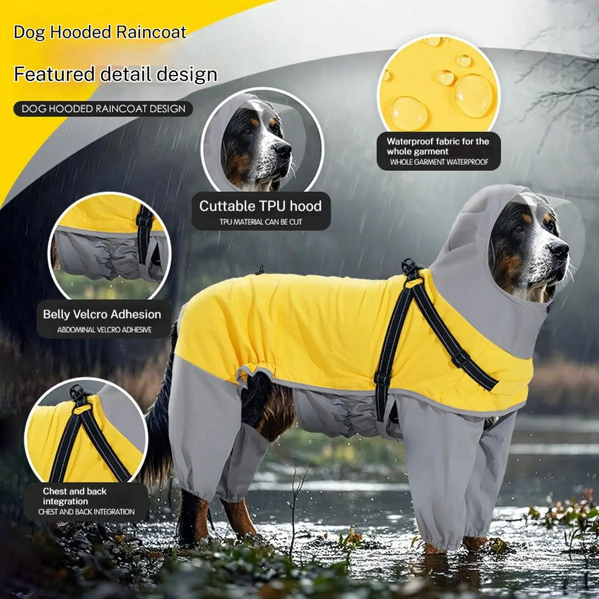 Full-Cover Dog Raincoat with  Hood & Leash Hole_CWMM7463
