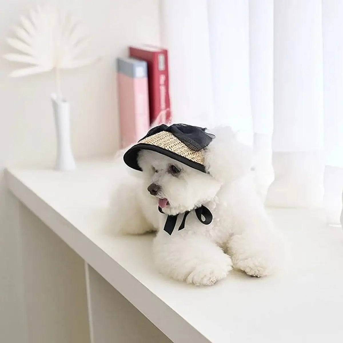 Lace Straw Sun Hat for Pets Adjustable Cat Dog Cap_CWAH3746