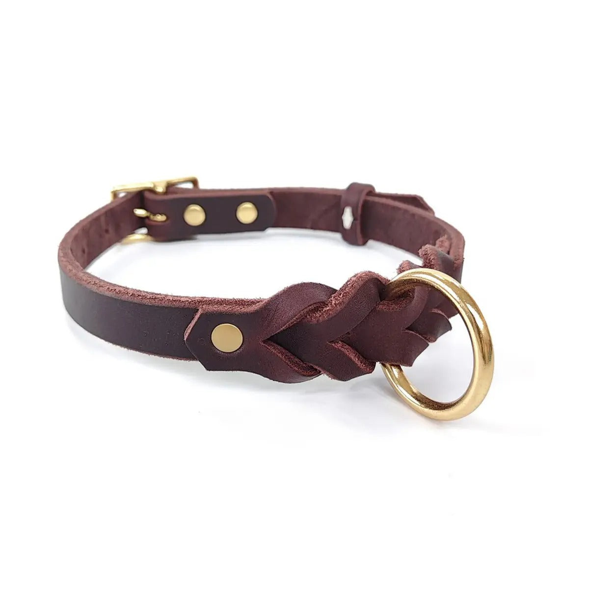 Braided Brass Cowhide Leather Pet Collar Retro_CWMM7679