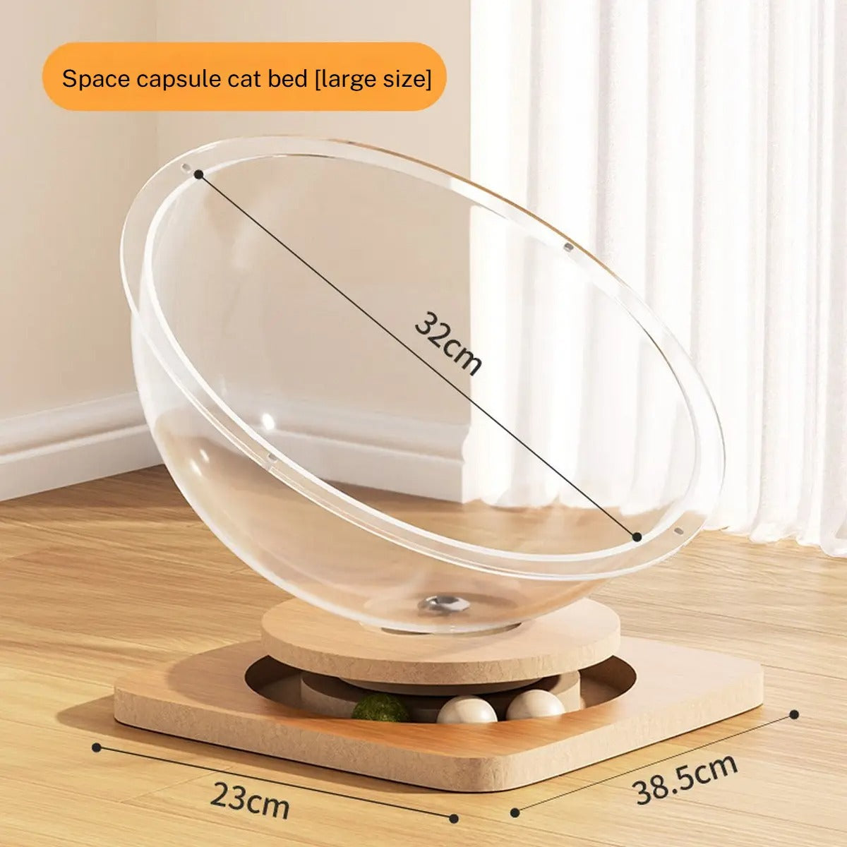 Acrylic Space Capsule Cat Bed with Wood Spinner_CWMM6277
