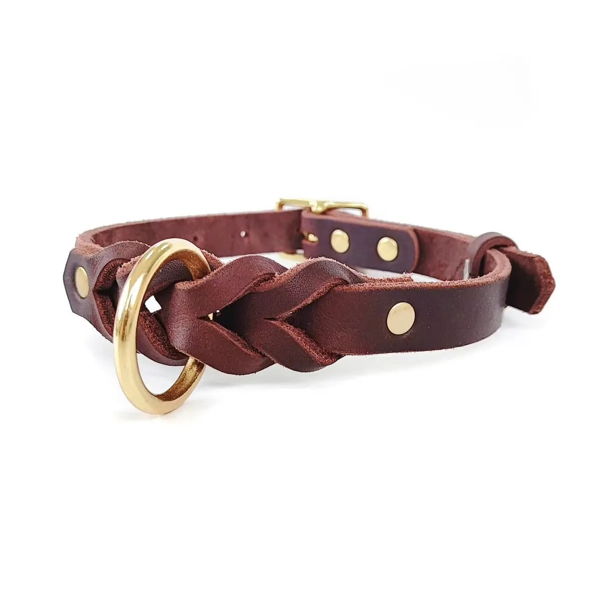 Braided Brass Cowhide Leather Pet Collar Retro_CWMM7679