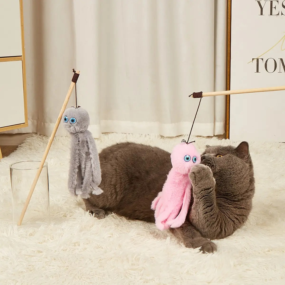 Octopus Teaser Wand – Plush Cat Toy with Wooden Rod_CWMM6802