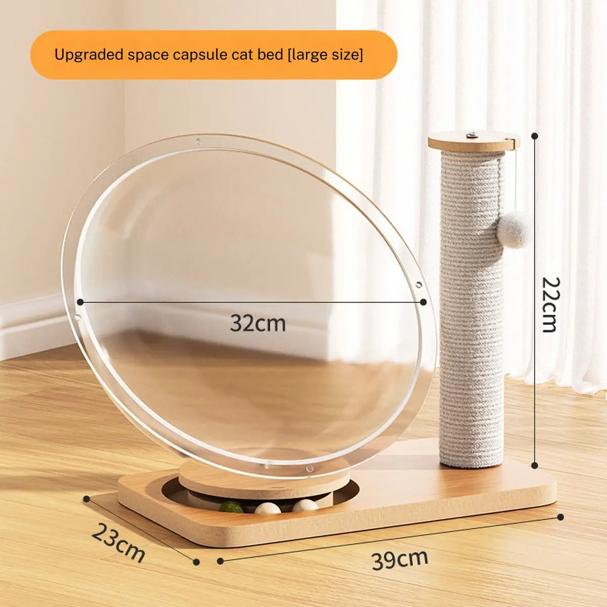 Acrylic Space Capsule Cat Bed with Wood Spinner_CWMM6277