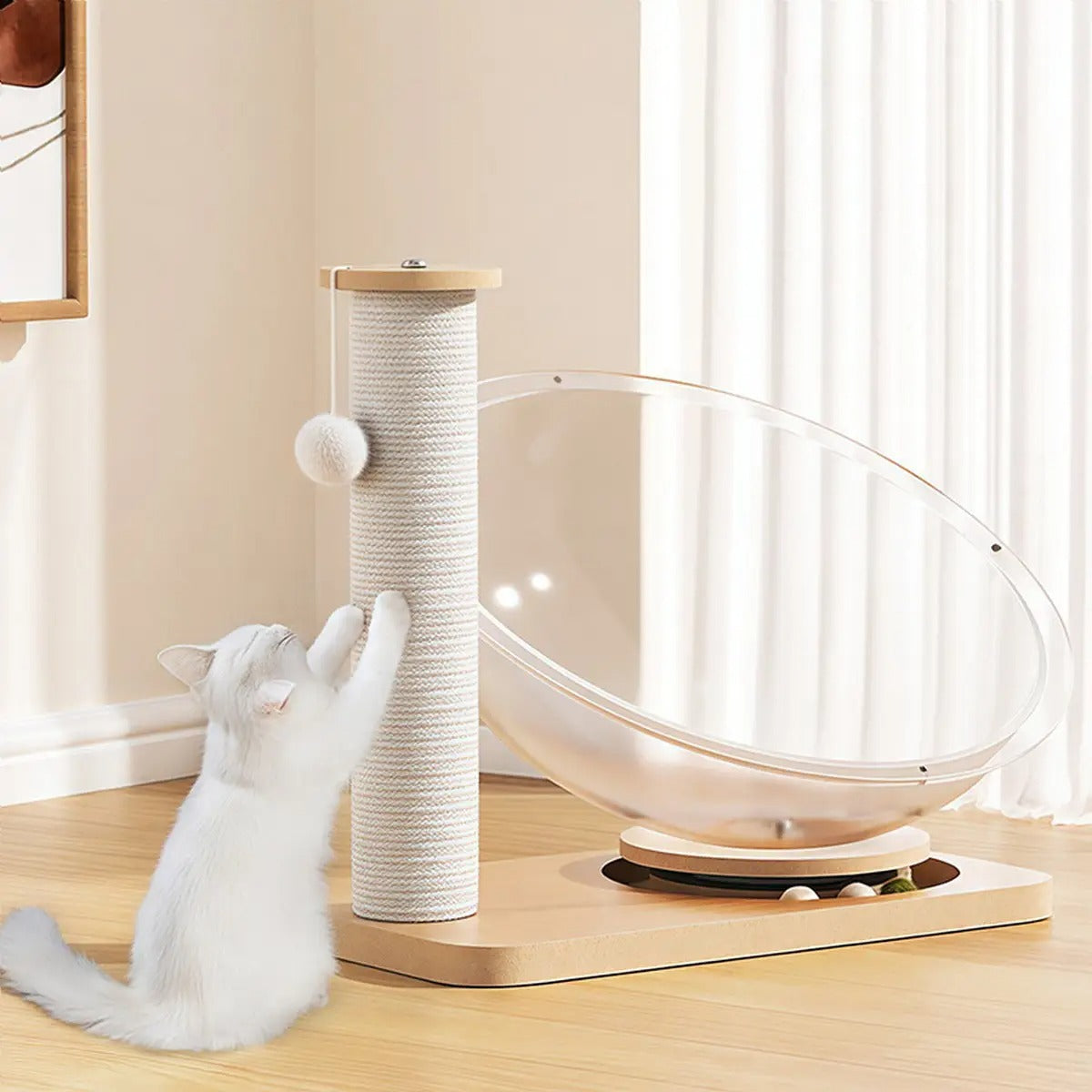 Acrylic Space Capsule Cat Bed with Wood Spinner_CWMM6277