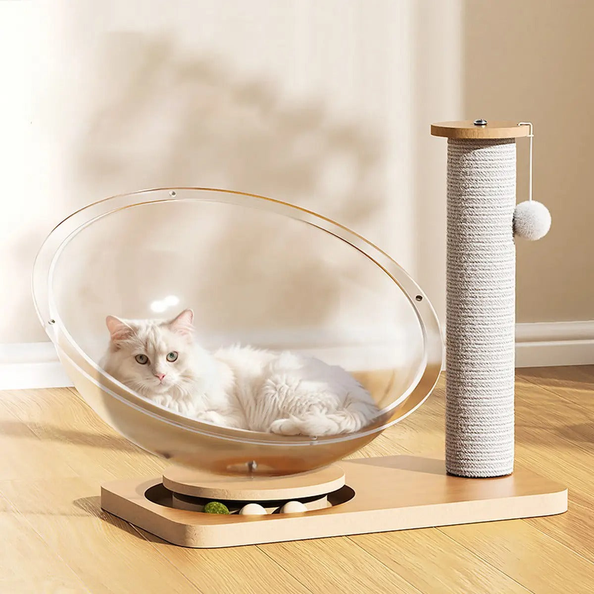Acrylic Space Capsule Cat Bed with Wood Spinner_CWMM6277