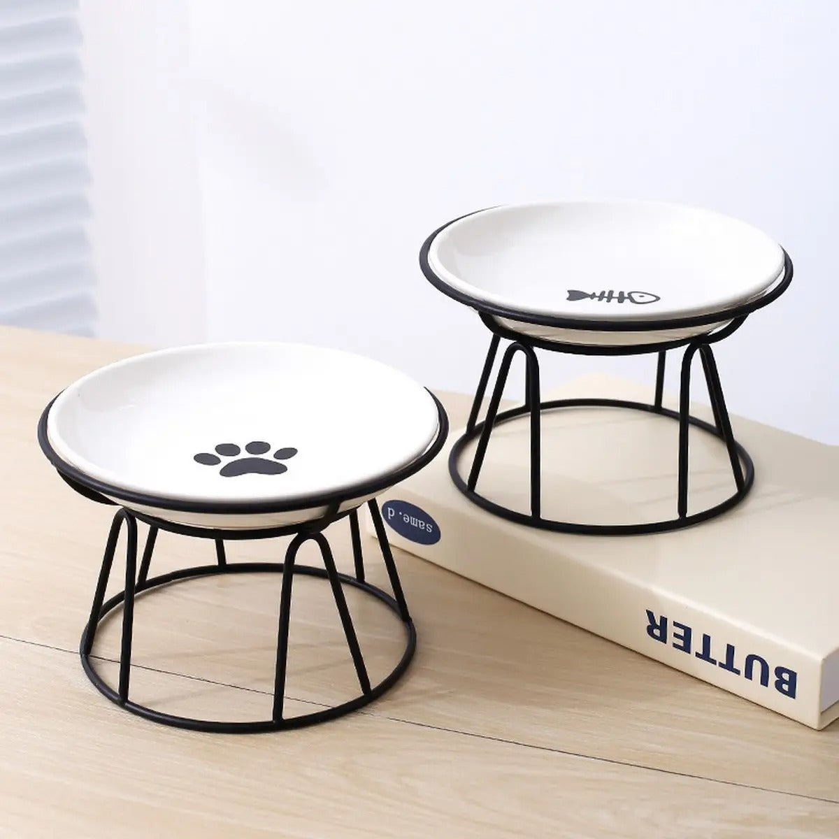 Fishbone Paw Ceramic Pet Bowl with Stand_CWMM5940