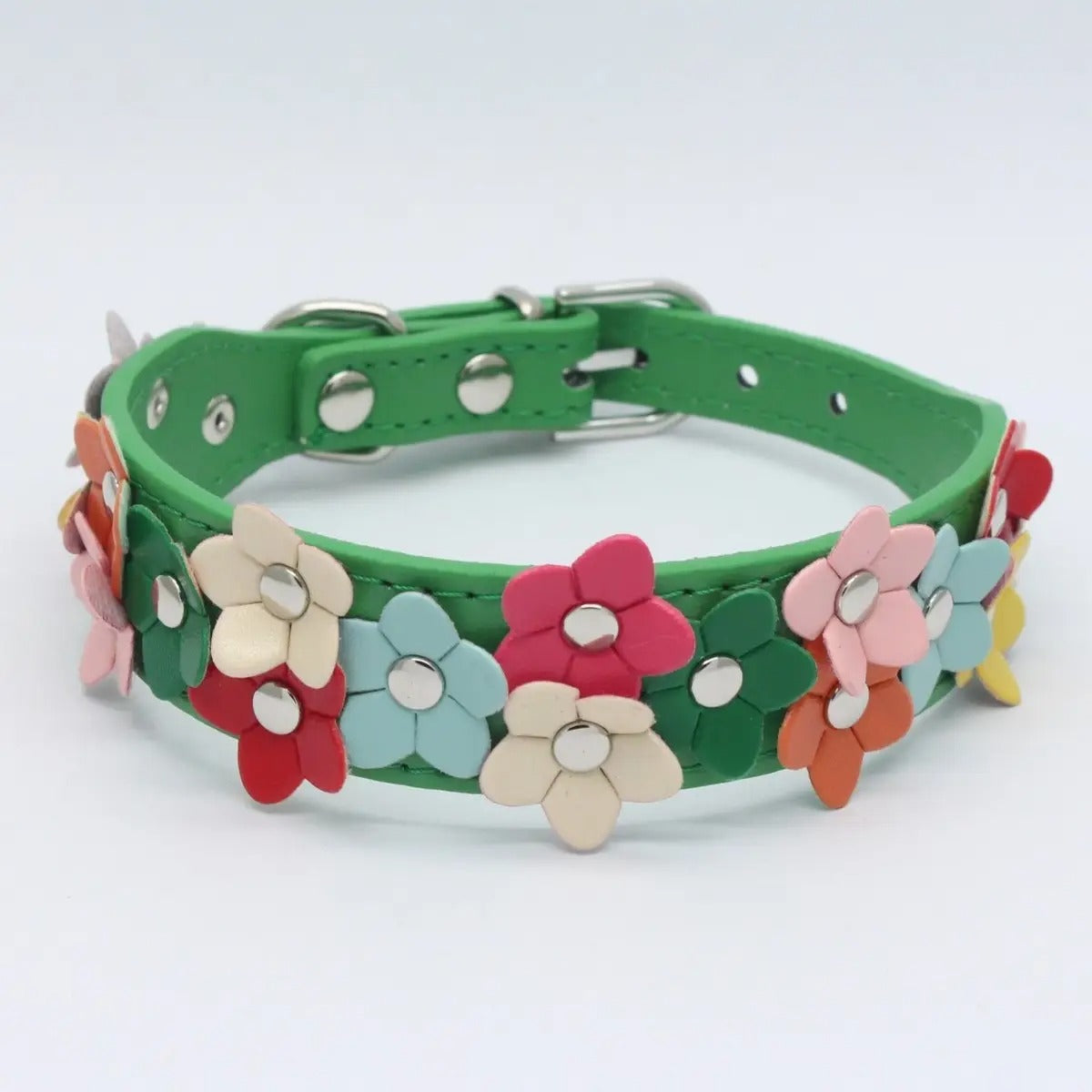 Double Flower Pet Collar with Colorful Leather_CWMM5981