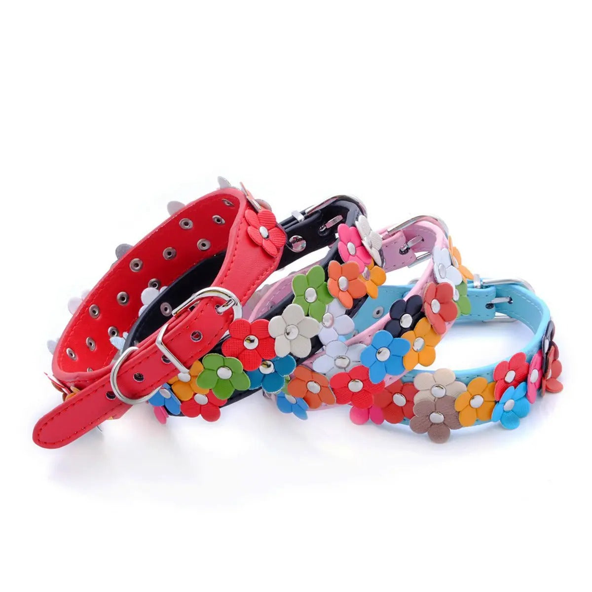 Double Flower Pet Collar with Colorful Leather_CWMM5981
