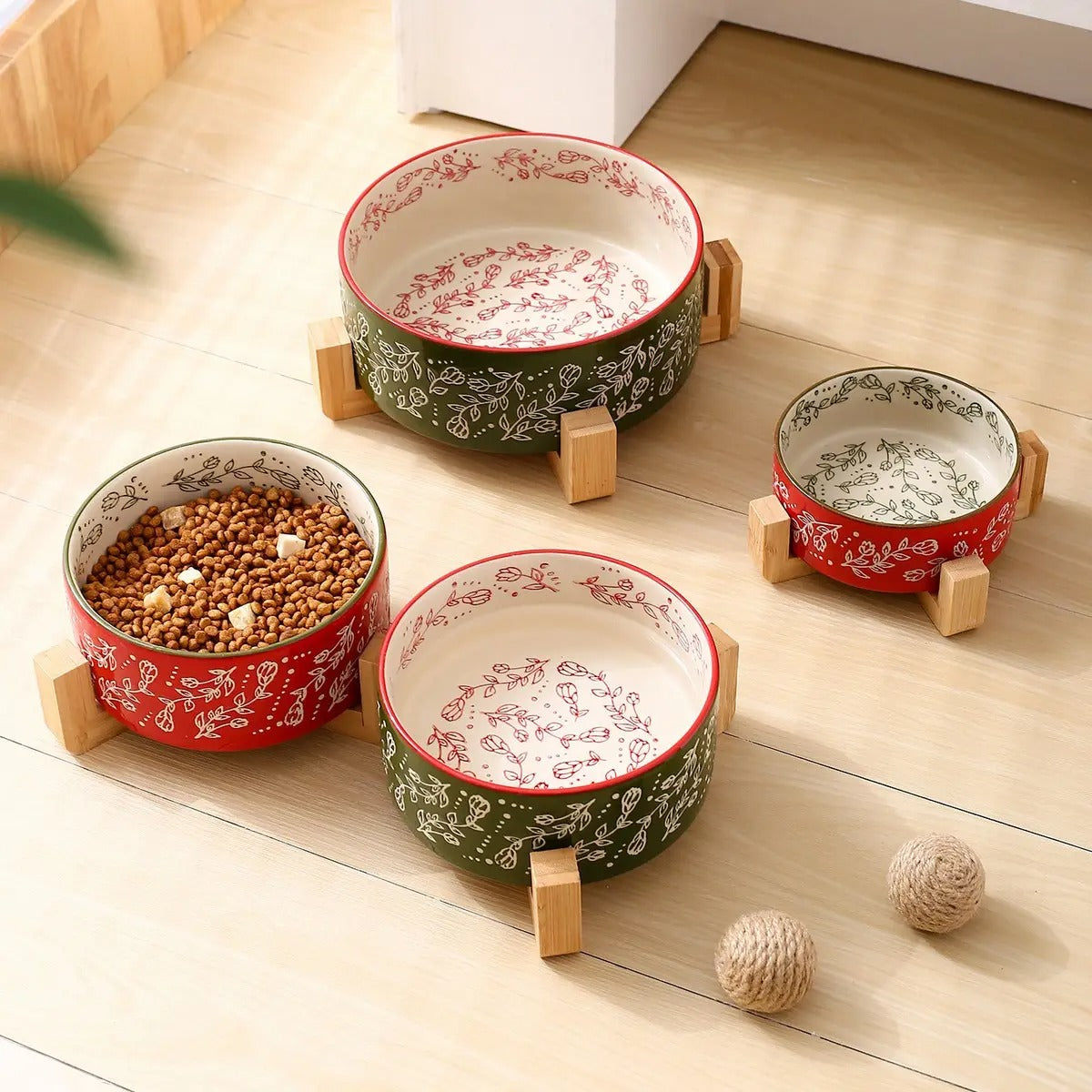 Boho Ceramic Pet Bowl with Wooden Stand_CWMM5944