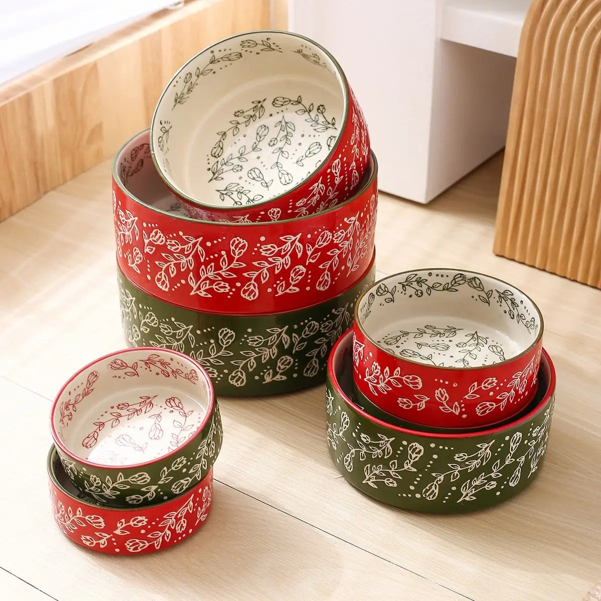 Boho Ceramic Pet Bowl with Wooden Stand_CWMM5944