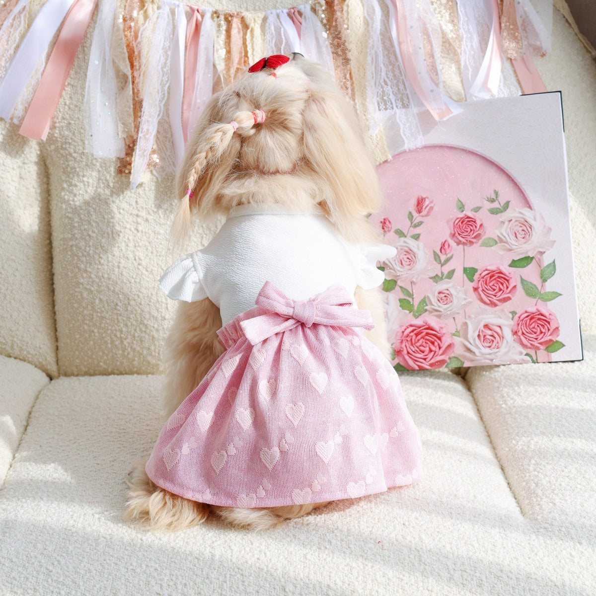 Cute Pet Dress Pink Puff Sleeve Bow_CWMM13250