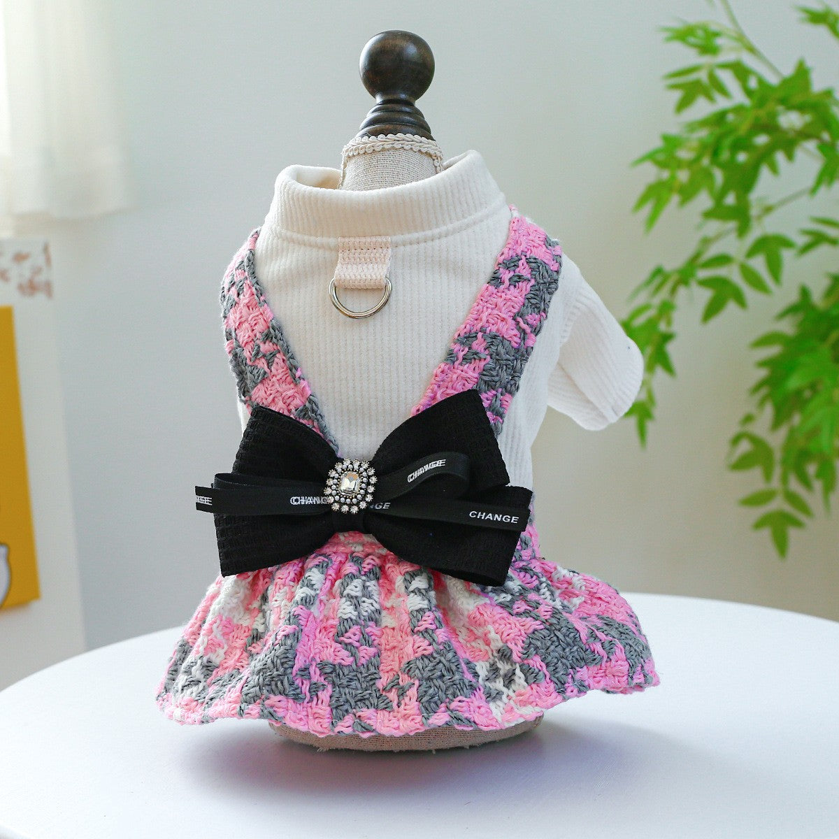 Cute Pet Bow Houndstooth Skirt Dress_CWMM13089