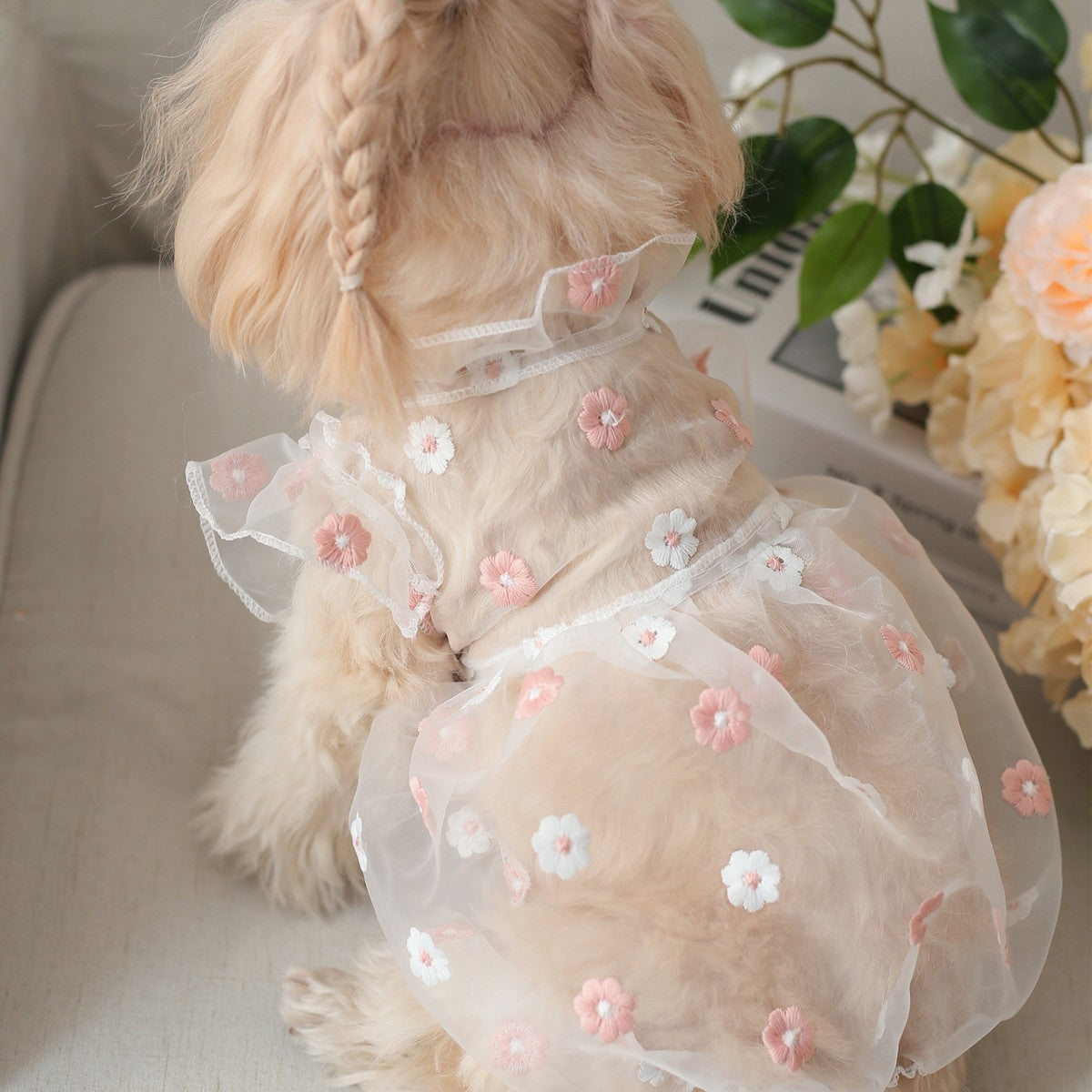 Puff Sleeve Pet Dress Embroidered Daisy_CWMM13246