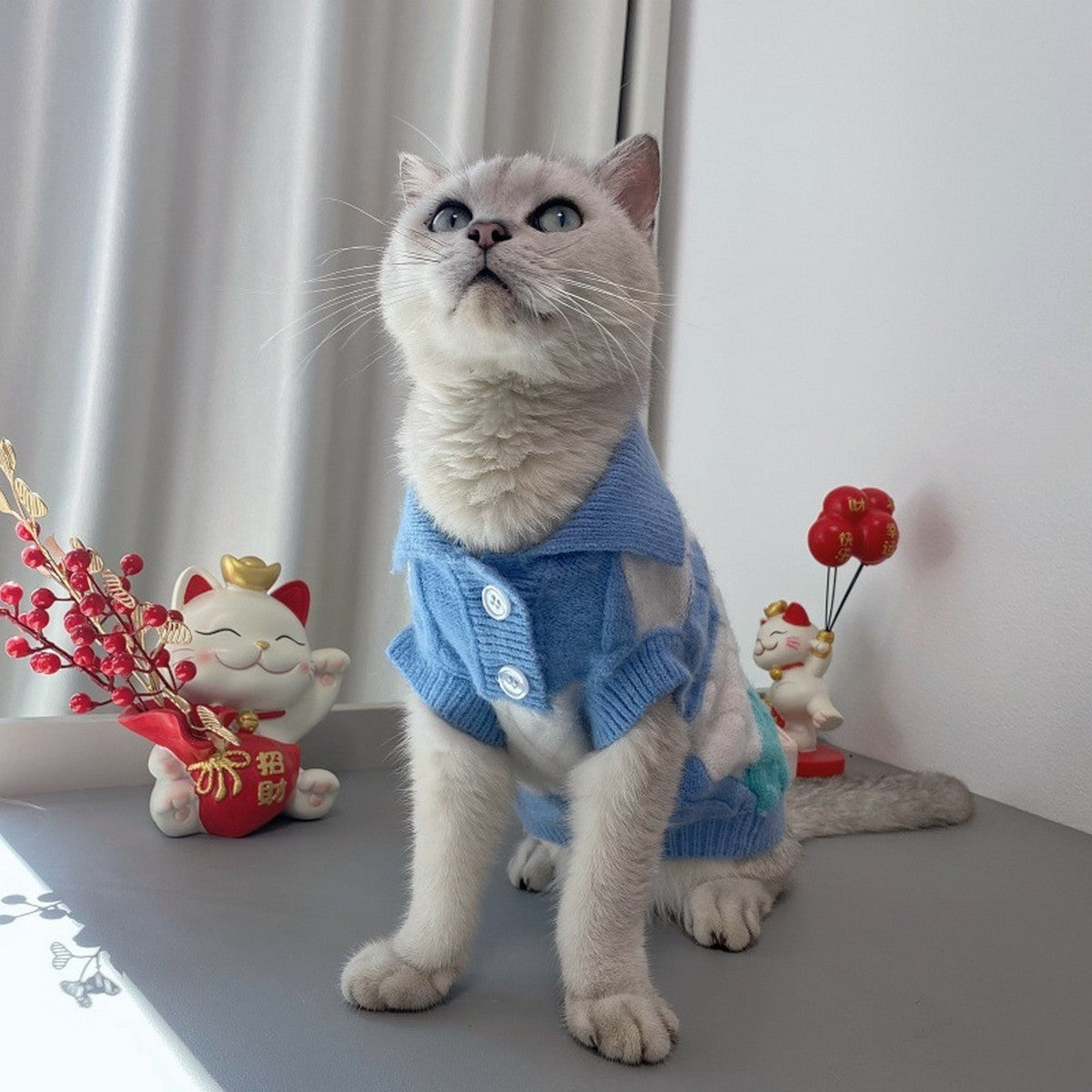 Plaid Dog Sweater Polo Collar Cardigan_CWMM12279