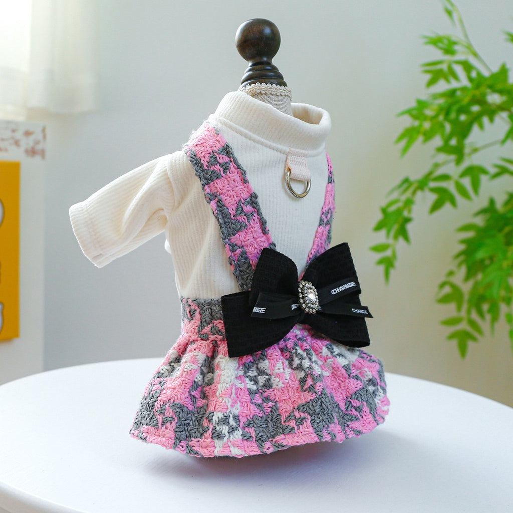 Cute Pet Bow Houndstooth Skirt Dress_CWMM13089