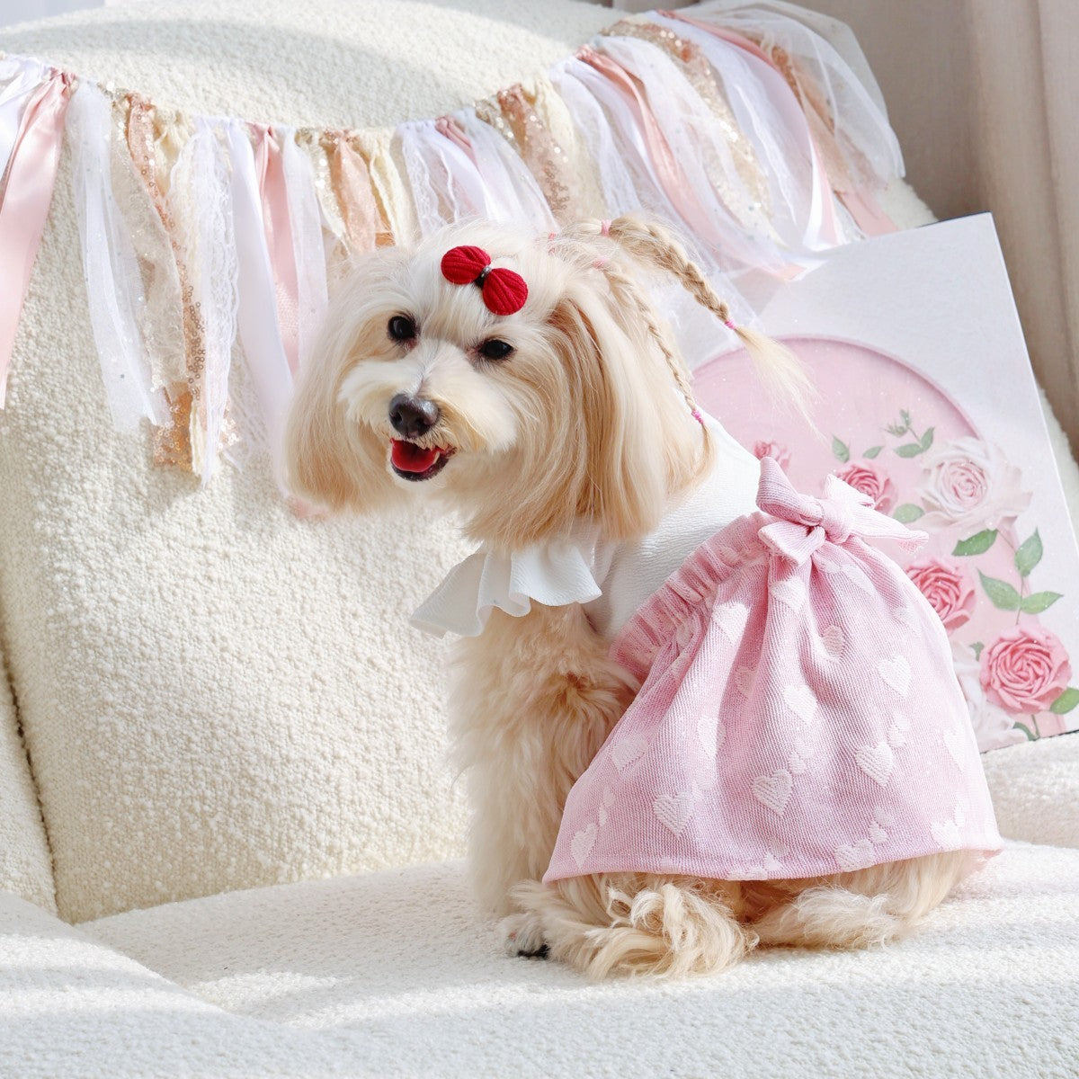 Cute Pet Dress Pink Puff Sleeve Bow_CWMM13250