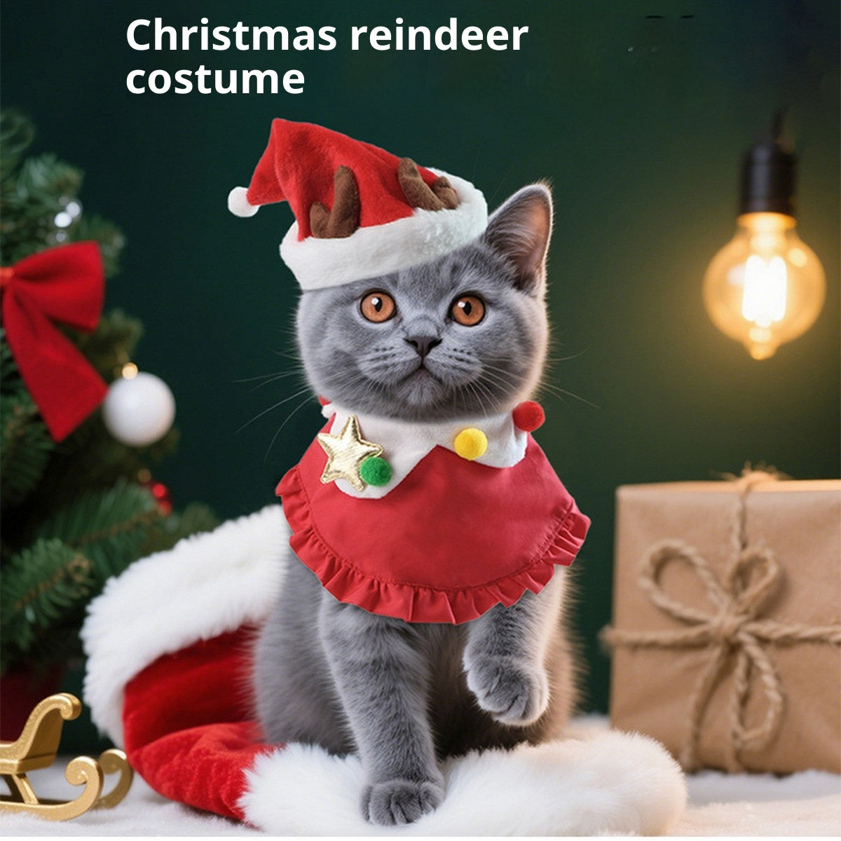 Holiday Pet Outfit – Reindeer Hat and Bib Scarf Set_CWMM11345