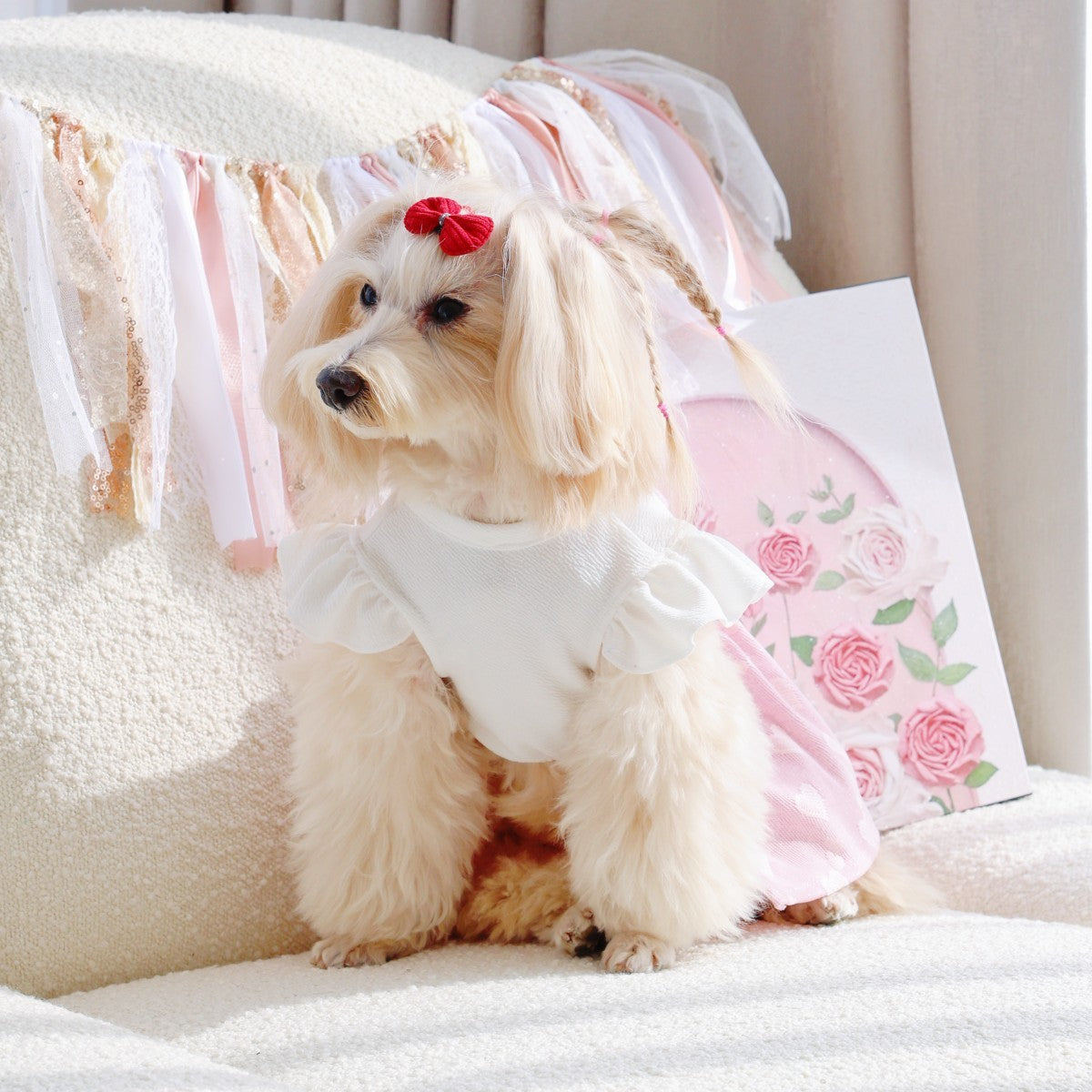Cute Pet Dress Pink Puff Sleeve Bow_CWMM13250