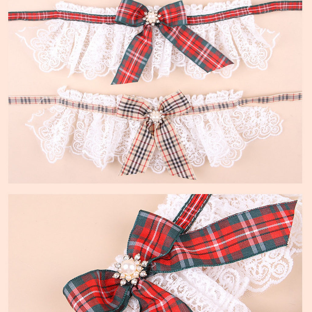 Festive Pet Scarf Collar – Plaid Lace Bow Decoration_CWMM11339