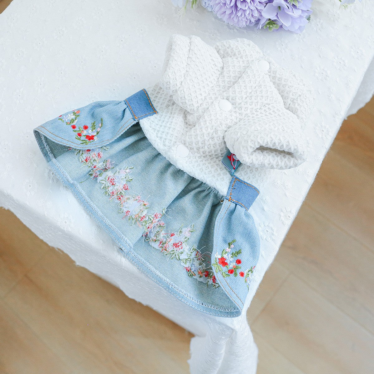 Pet Cozy Denim Dress with Floral Decor_CWMM13090