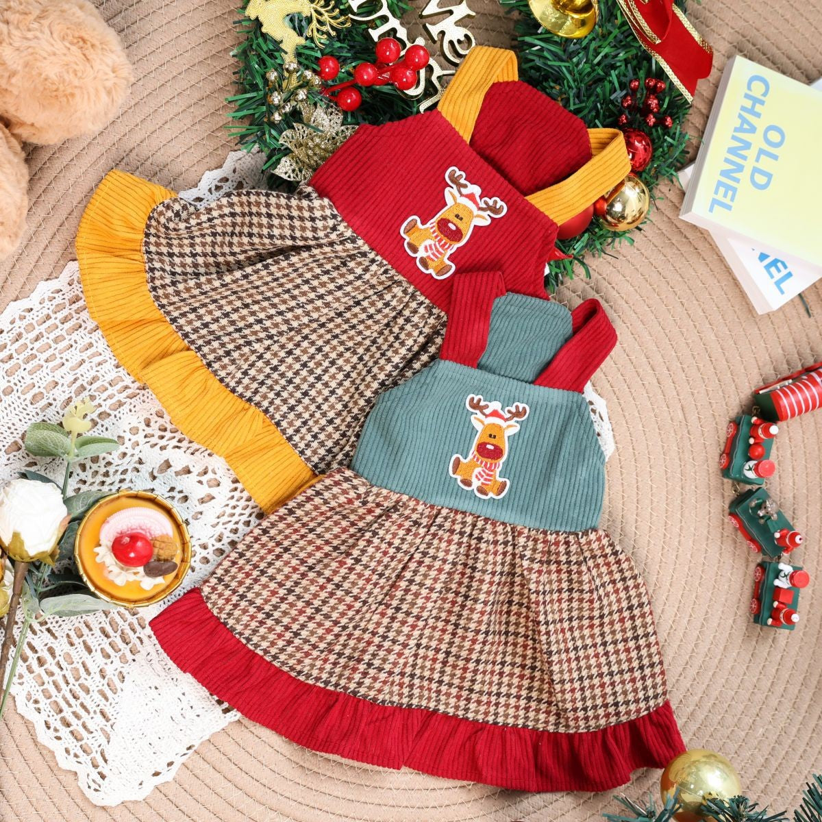 Cute Plaid Pet Dress Strap Reindeer Accent_CWMM13248
