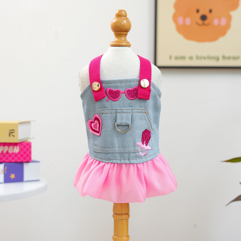 Puppy Kitten Pink Denim Skirt Dress_CWMM13119