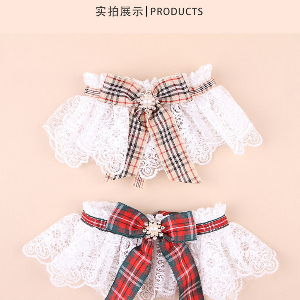 Festive Pet Scarf Collar – Plaid Lace Bow Decoration_CWMM11339