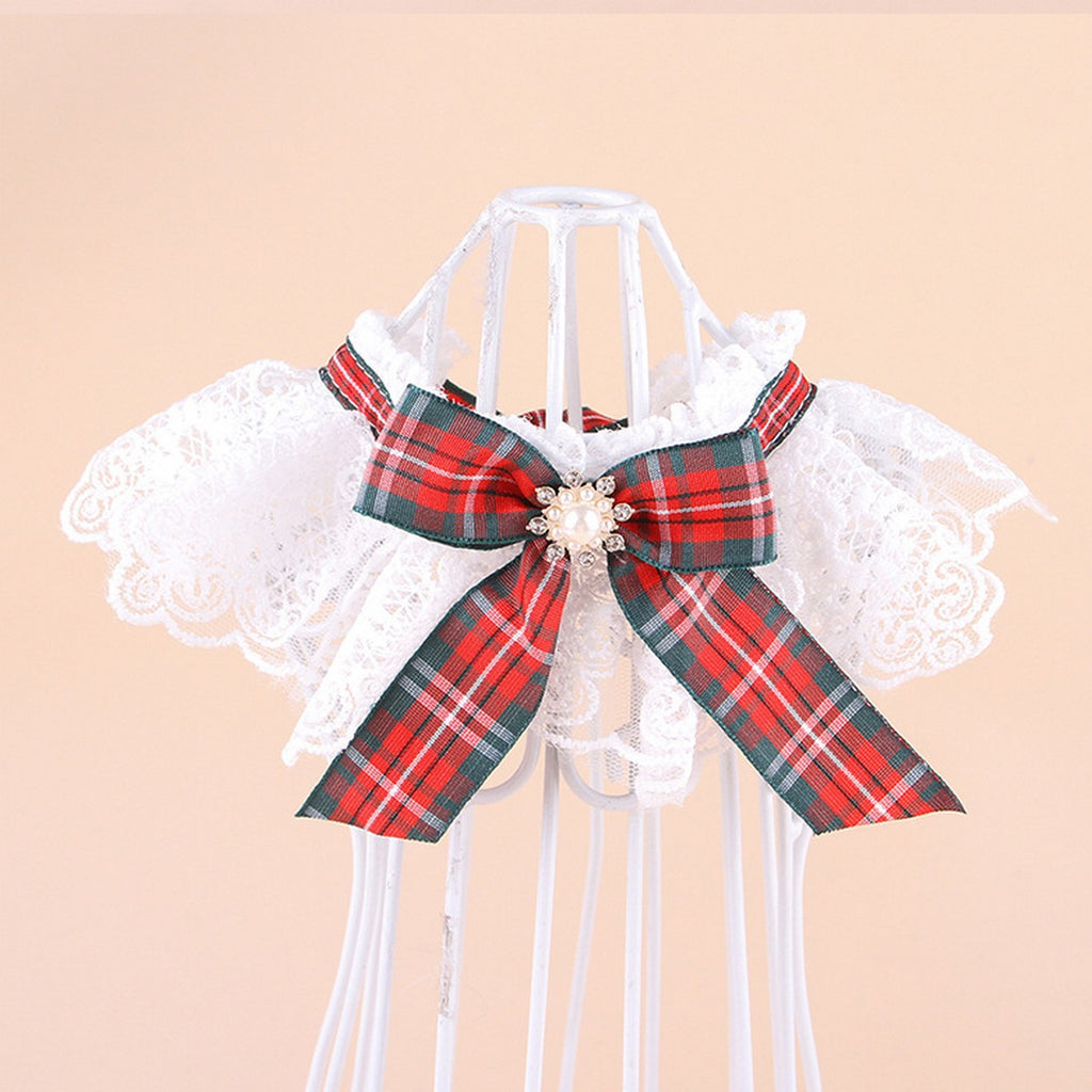 Festive Pet Scarf Collar – Plaid Lace Bow Decoration_CWMM11339