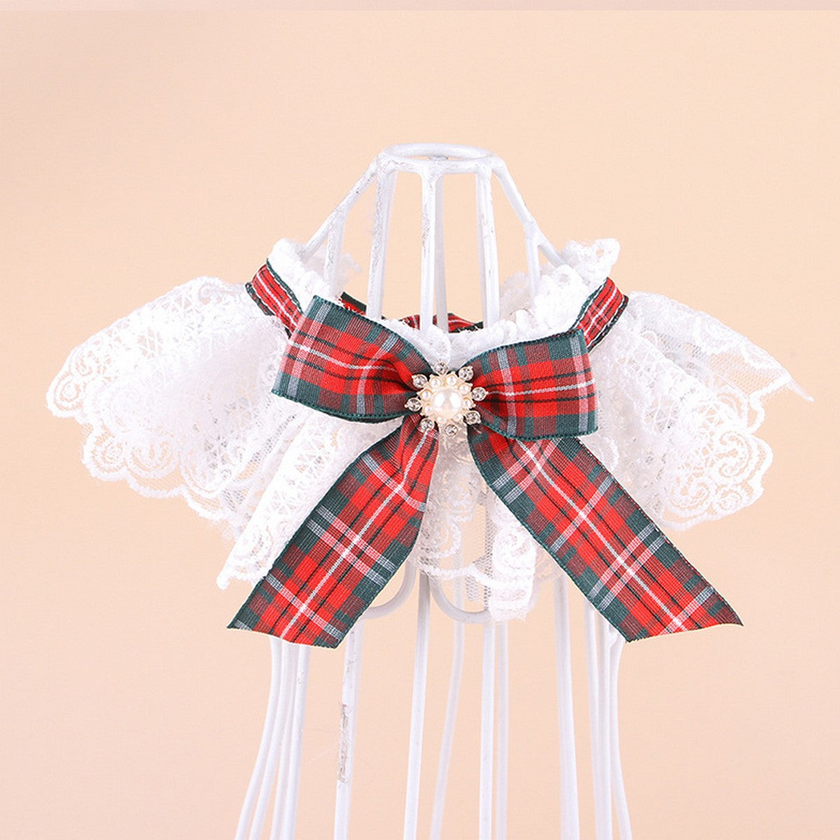 Festive Pet Scarf Collar – Plaid Lace Bow Decoration_CWMM11339