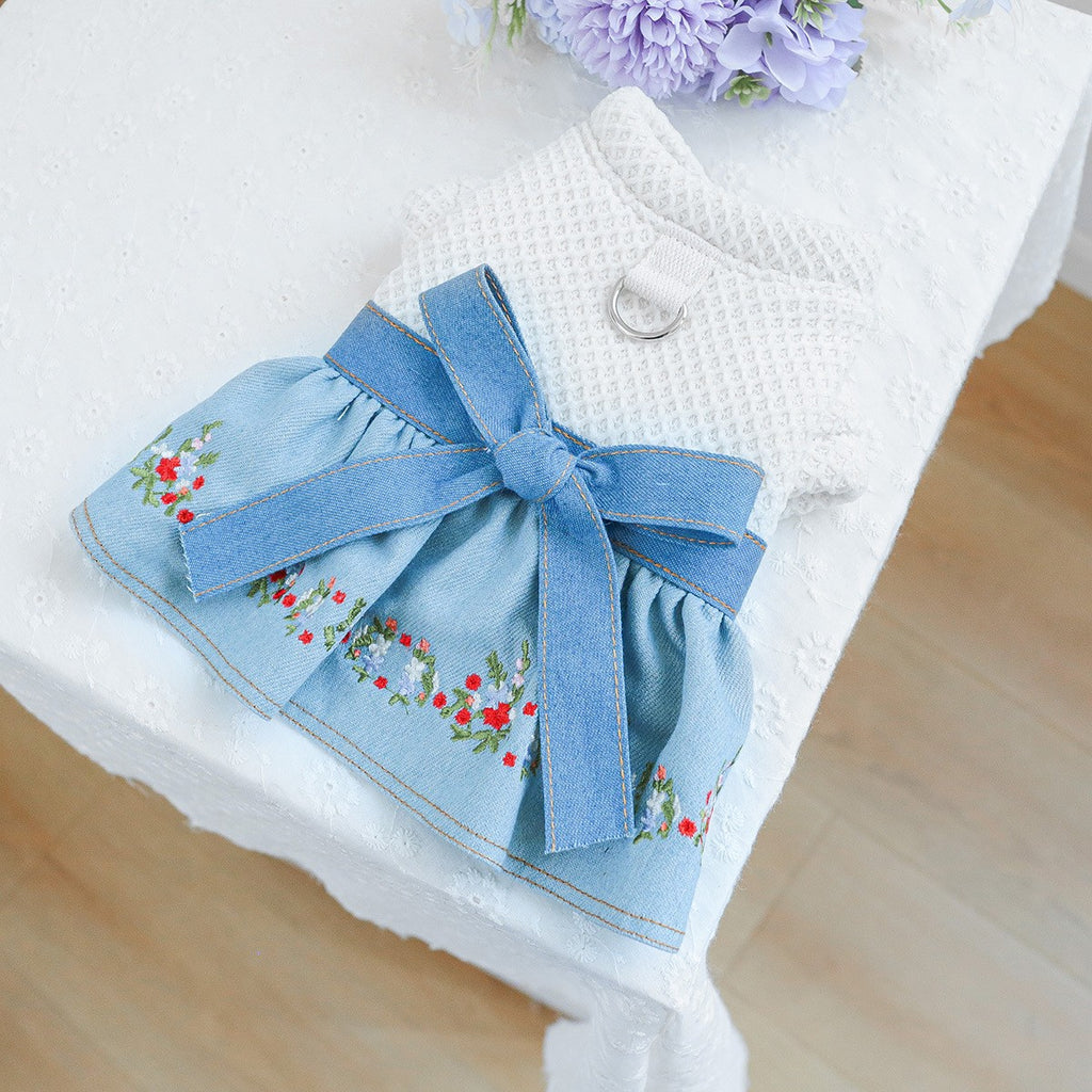 Pet Cozy Denim Dress with Floral Decor_CWMM13090