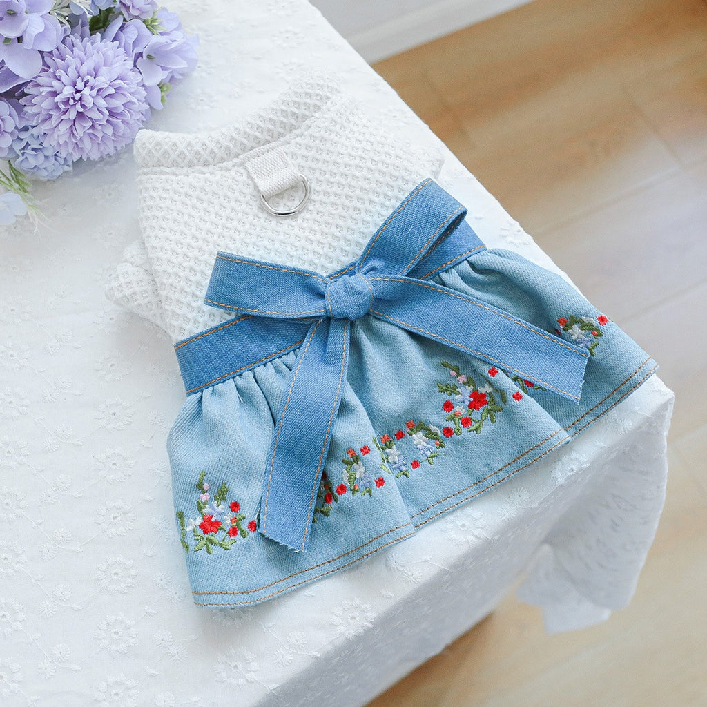 Pet Cozy Denim Dress with Floral Decor_CWMM13090