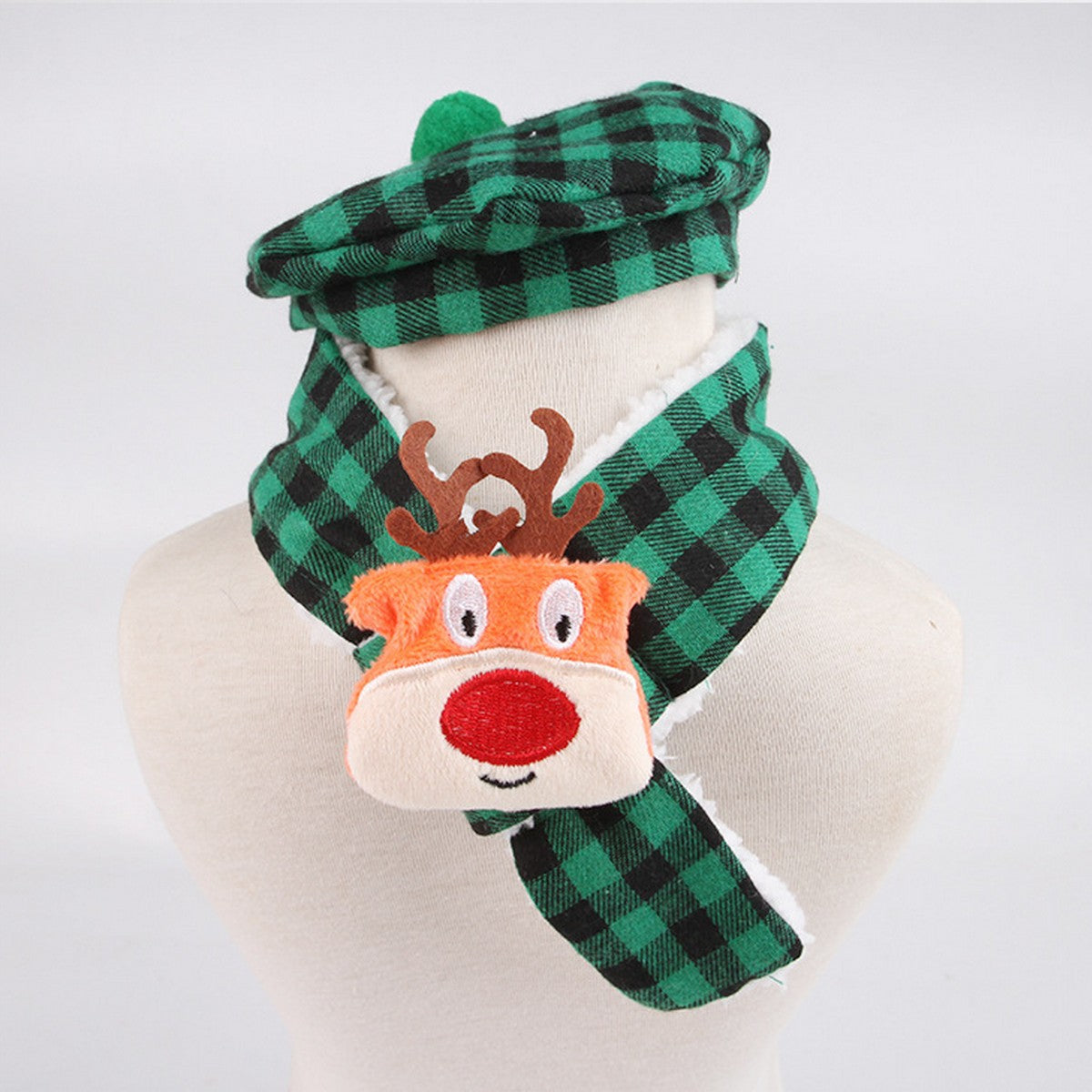 Christmas Pet Accessories – Plaid Hat & Reindeer Scarf_CWMM11343