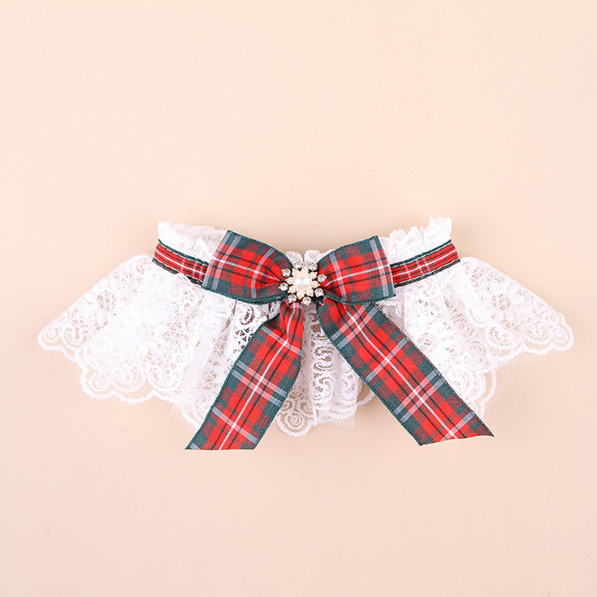 Festive Pet Scarf Collar – Plaid Lace Bow Decoration_CWMM11339