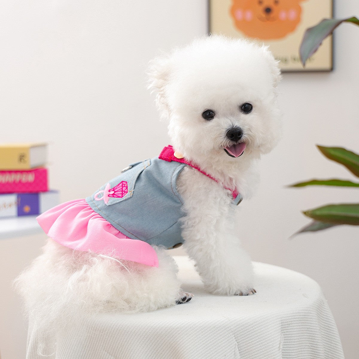 Puppy Kitten Pink Denim Skirt Dress_CWMM13119