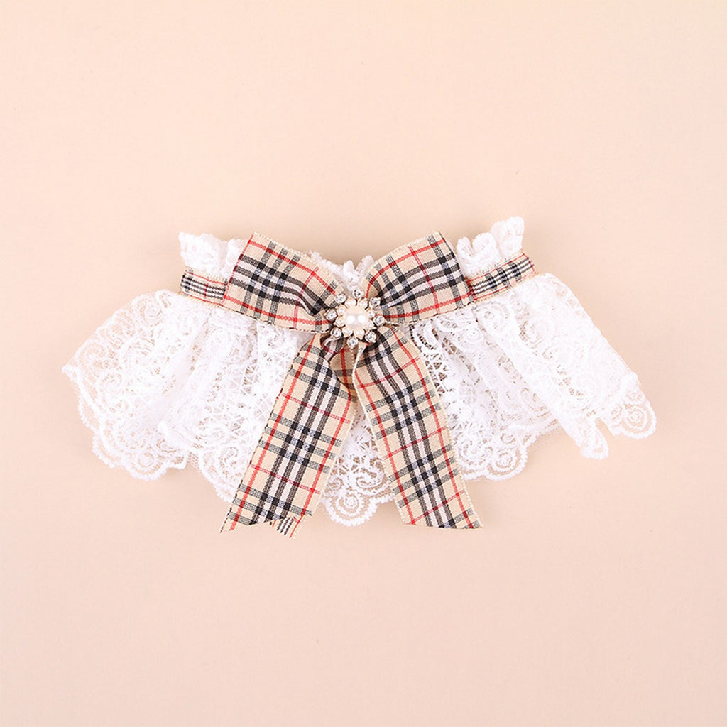Festive Pet Scarf Collar – Plaid Lace Bow Decoration_CWMM11339