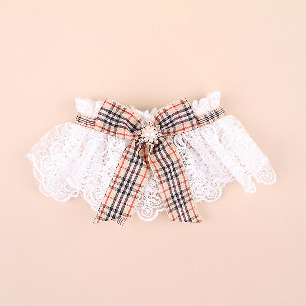Festive Pet Scarf Collar – Plaid Lace Bow Decoration_CWMM11339