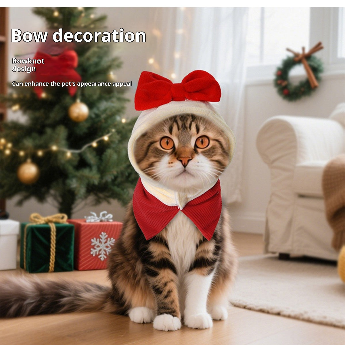 Christmas Pet Hat – Plush Bow Hat & Scarf Set_CWMM11342
