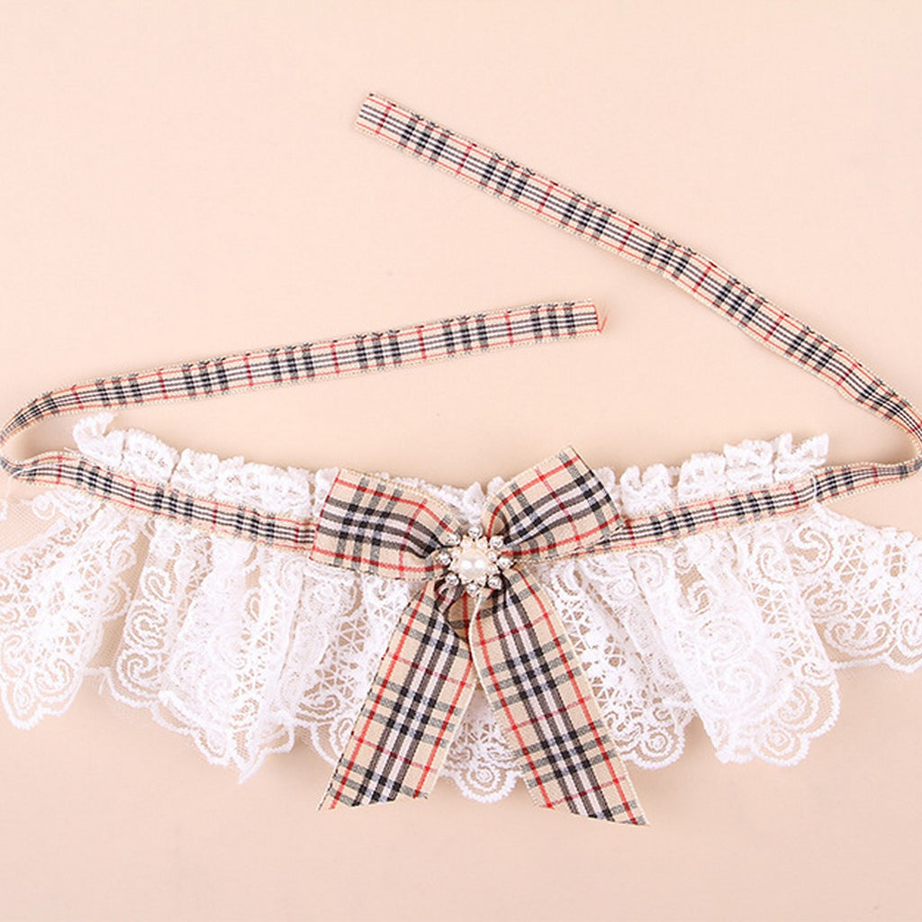 Festive Pet Scarf Collar – Plaid Lace Bow Decoration_CWMM11339