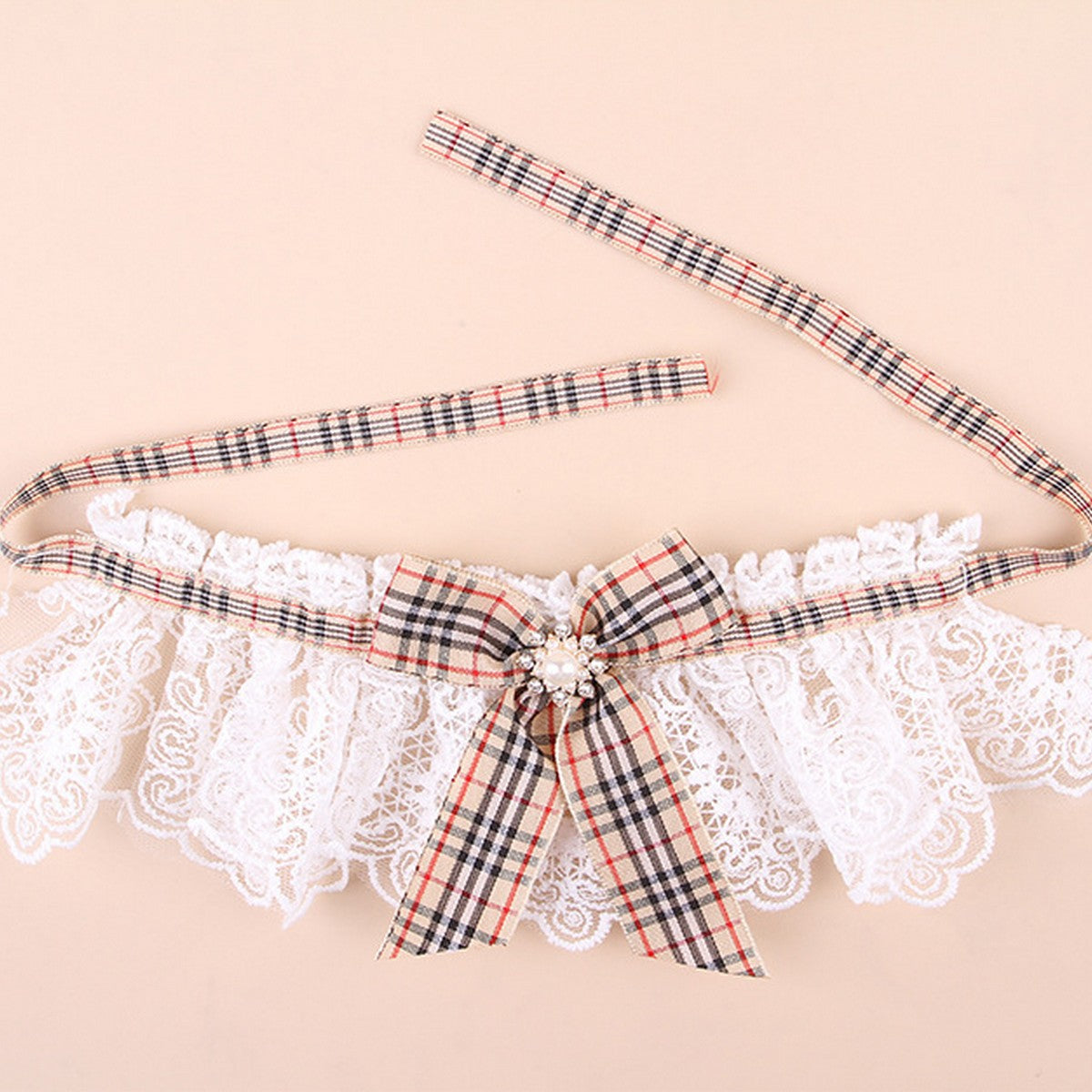 Festive Pet Scarf Collar – Plaid Lace Bow Decoration_CWMM11339