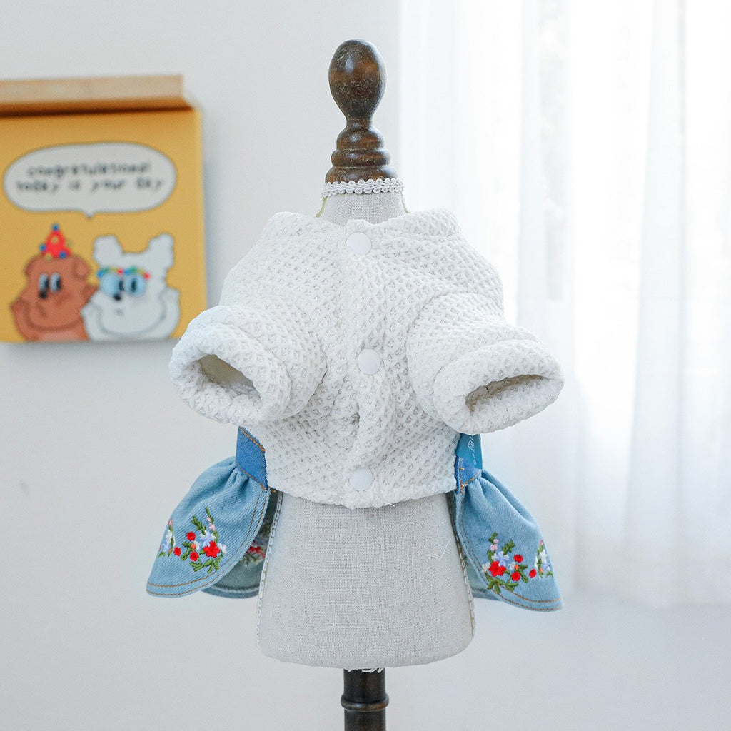 Pet Cozy Denim Dress with Floral Decor_CWMM13090