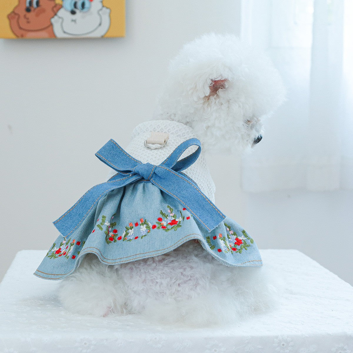 Pet Cozy Denim Dress with Floral Decor_CWMM13090