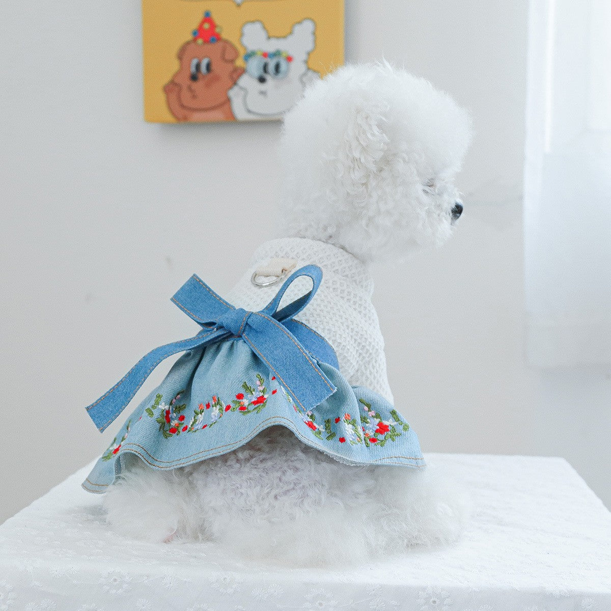 Pet Cozy Denim Dress with Floral Decor_CWMM13090
