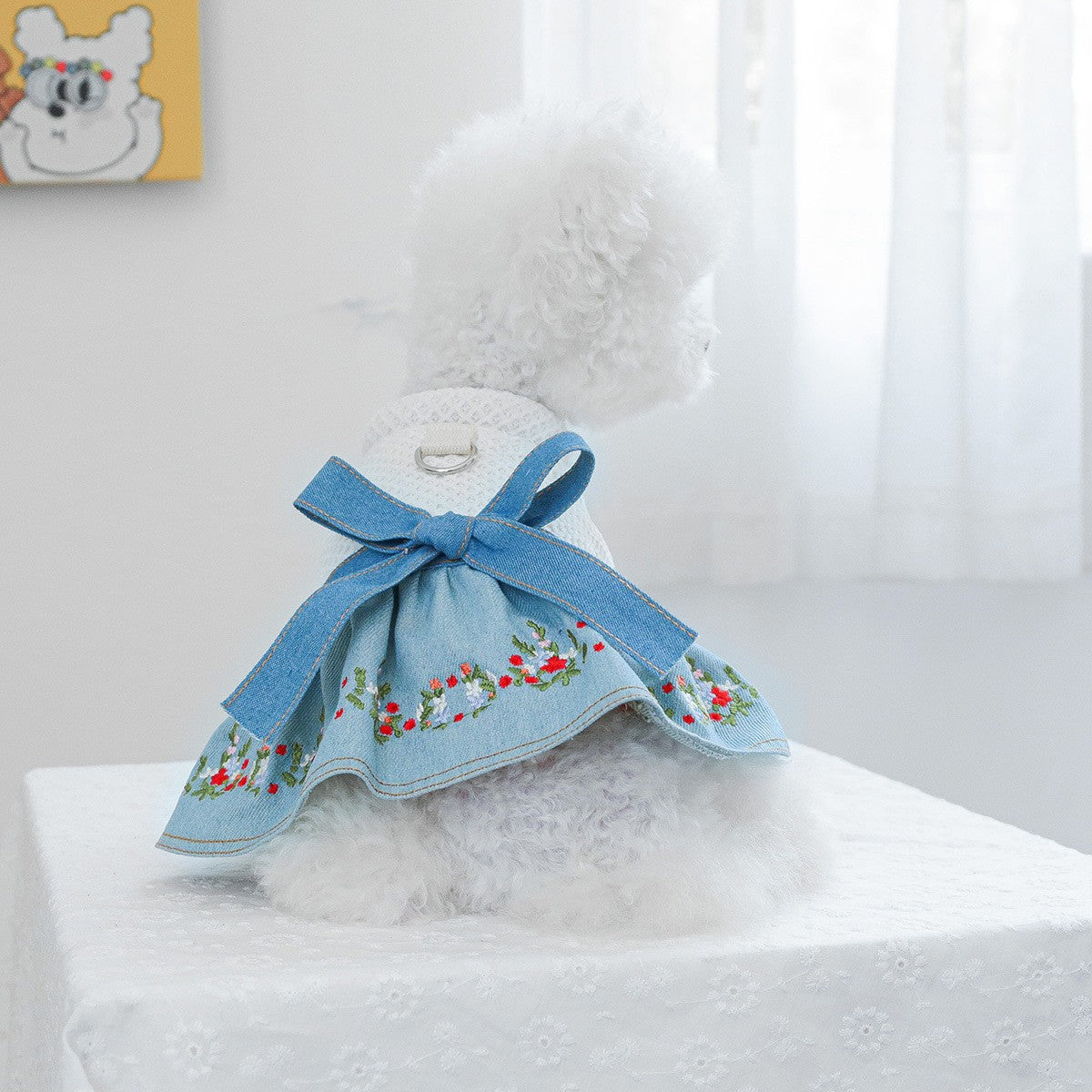 Pet Cozy Denim Dress with Floral Decor_CWMM13090