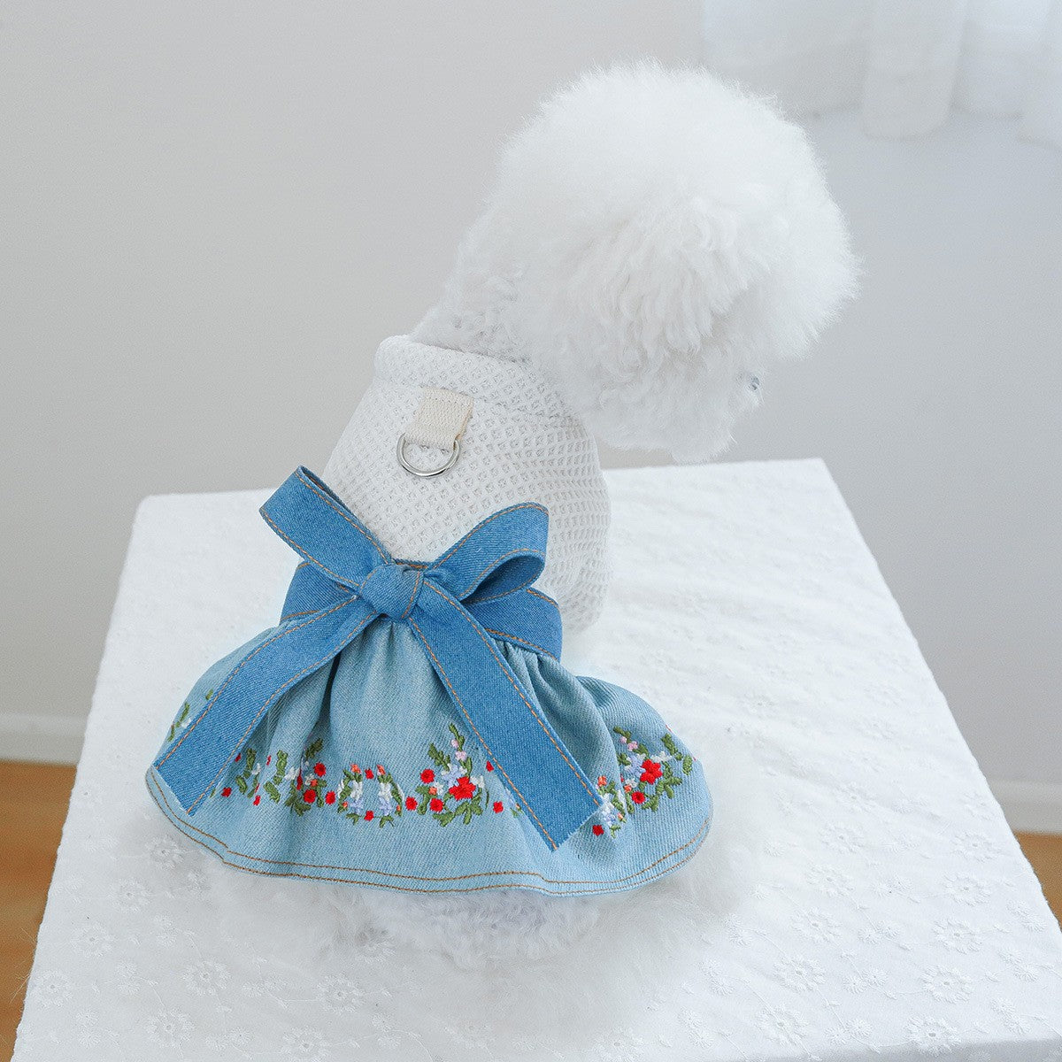 Pet Cozy Denim Dress with Floral Decor_CWMM13090