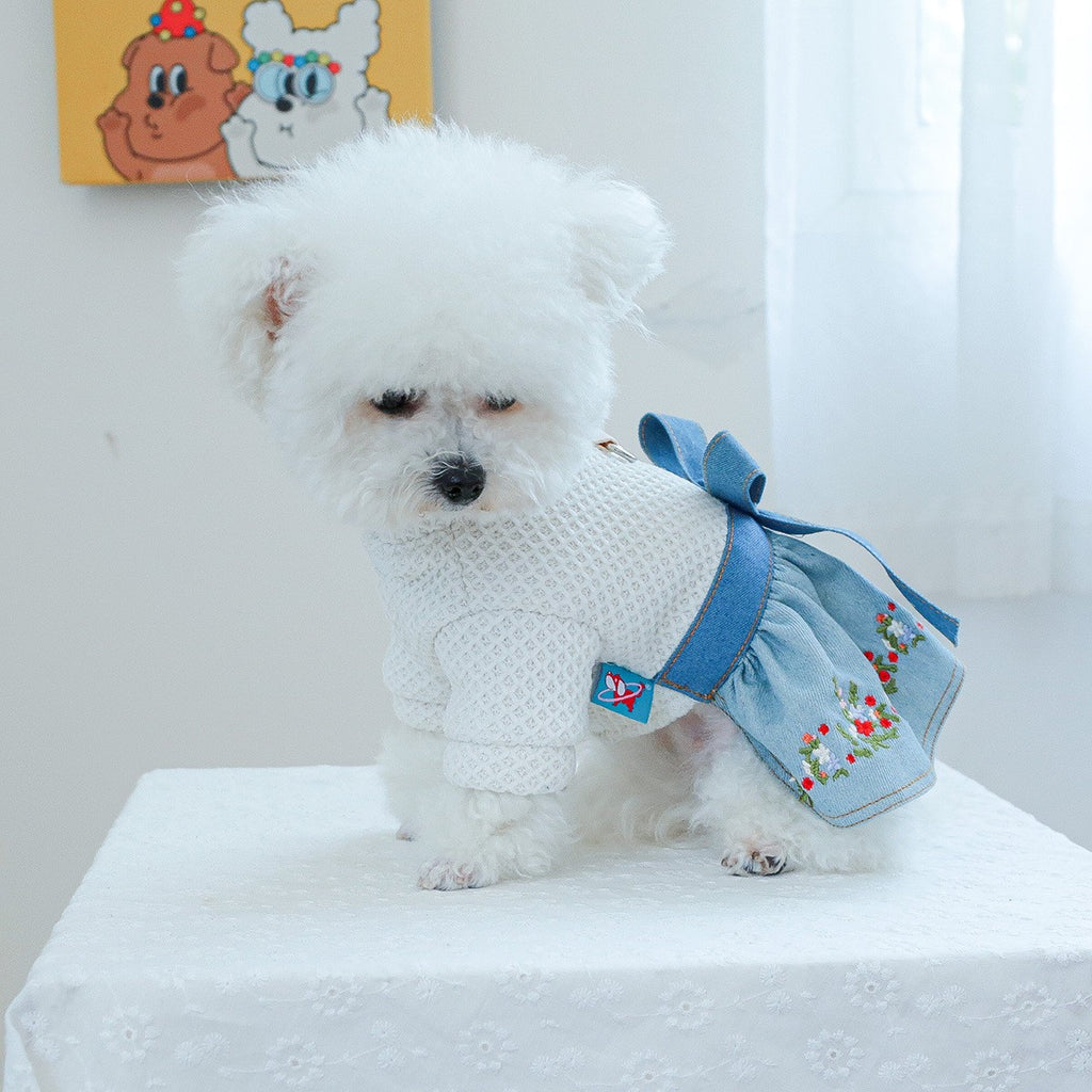 Pet Cozy Denim Dress with Floral Decor_CWMM13090