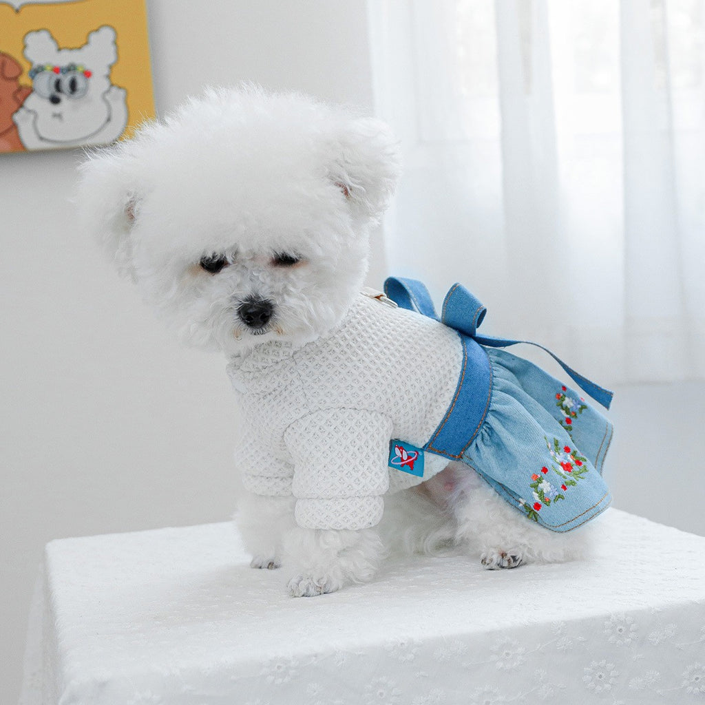 Pet Cozy Denim Dress with Floral Decor_CWMM13090