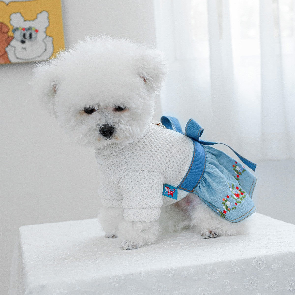 Pet Cozy Denim Dress with Floral Decor_CWMM13090