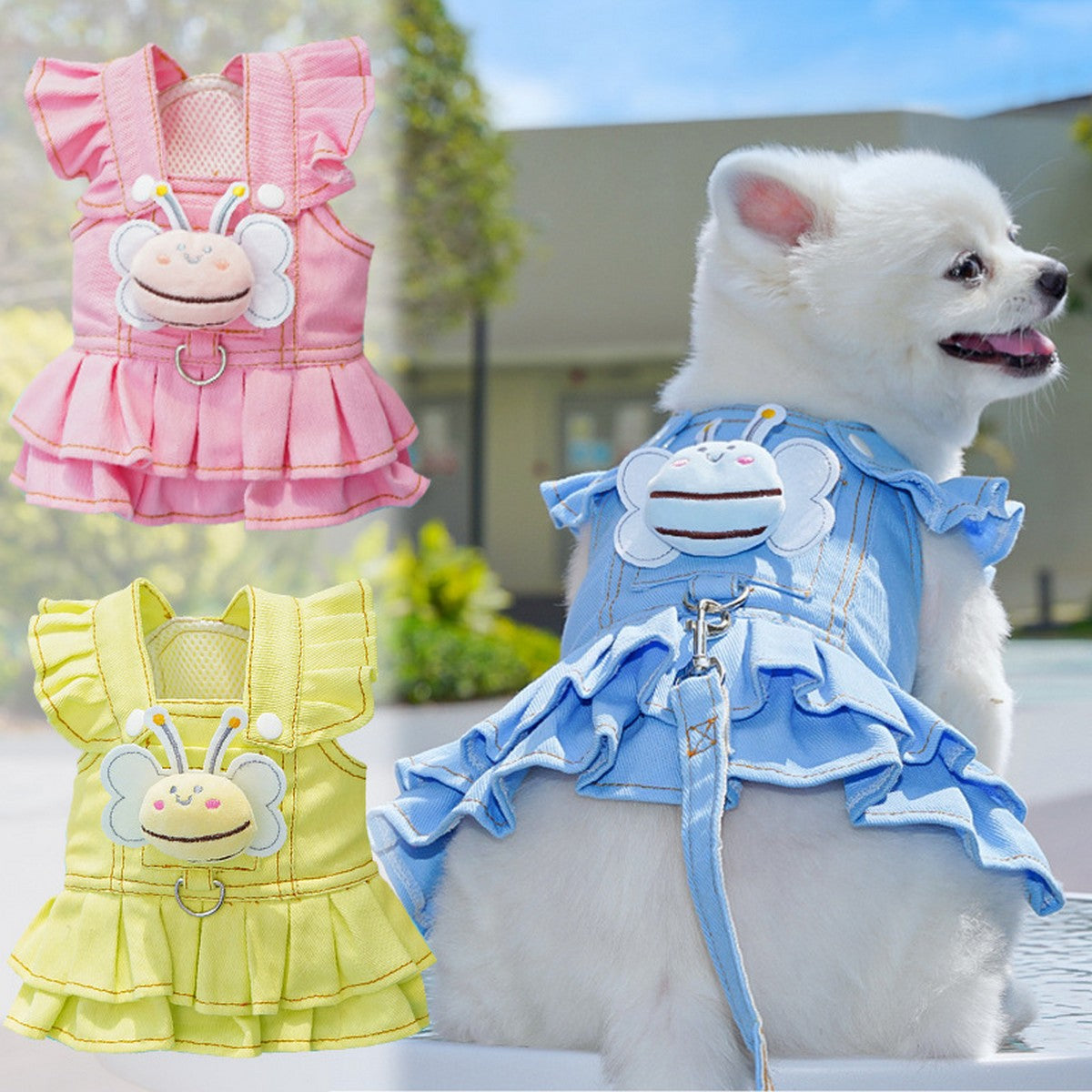 Dog Dresses Cute Denim Overalls with Leash Loop_CWMM11124
