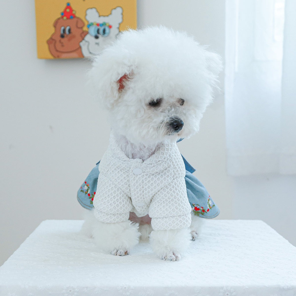 Pet Cozy Denim Dress with Floral Decor_CWMM13090