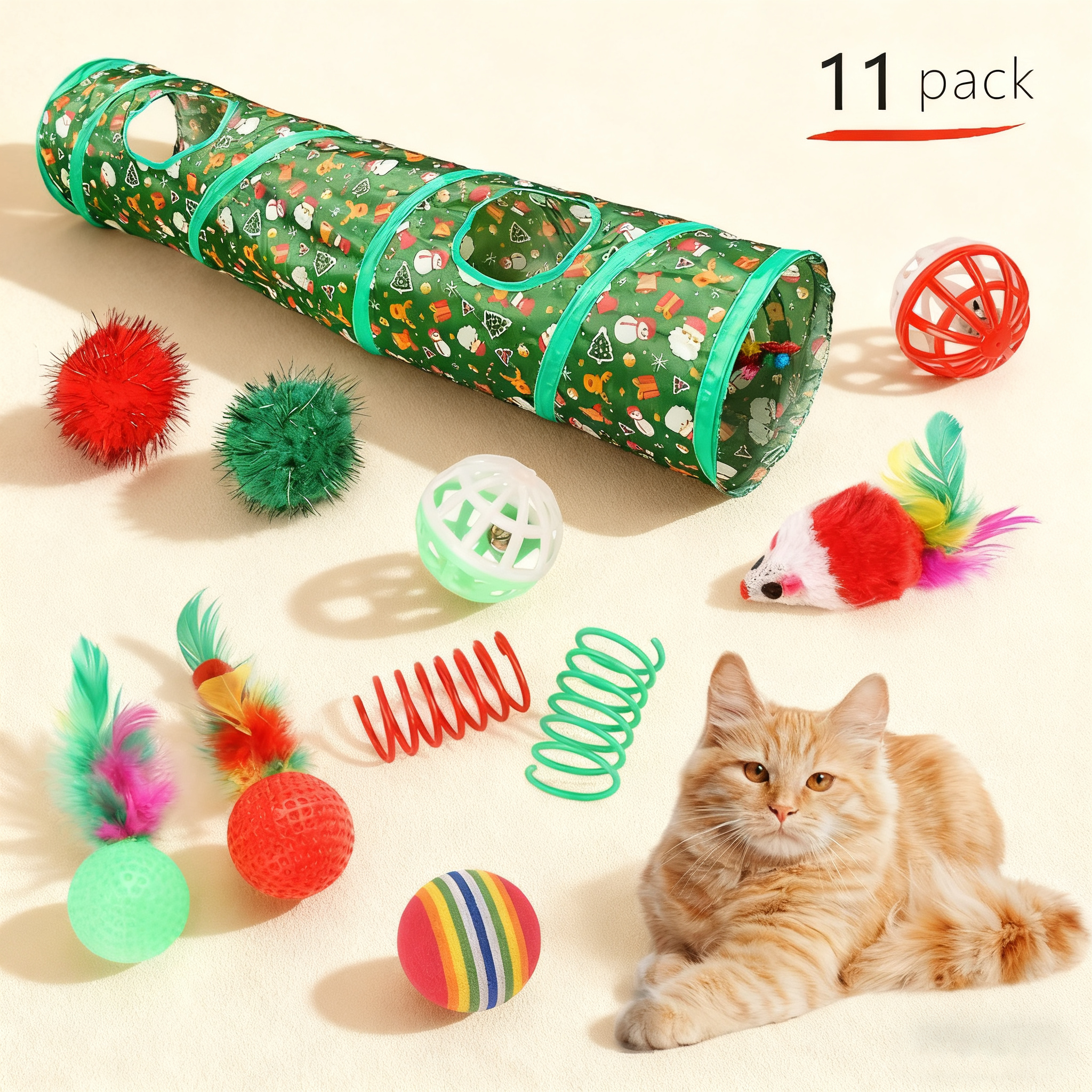 Christmas Cat Tunnel & Sisal Ball Play Set_CWMM11429